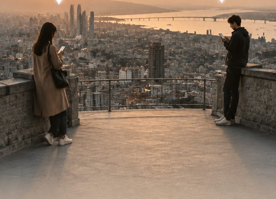 Two people above the city skyline