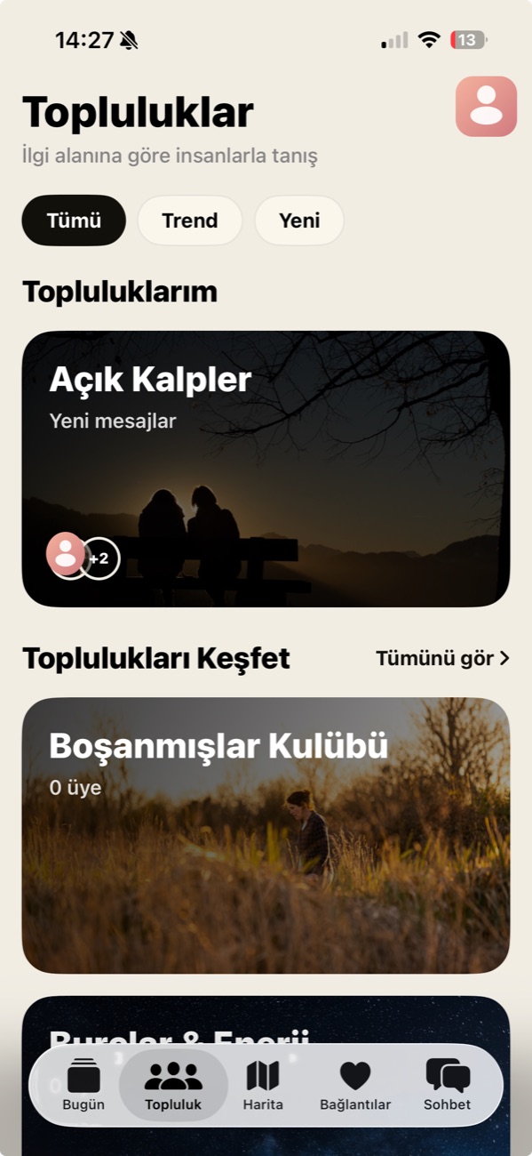 Passn uygulamasında Topluluklar sekmesi